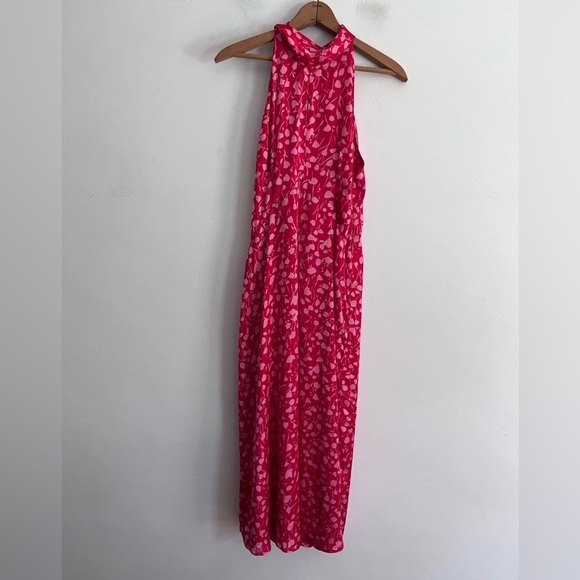 Zara Red Floral Satin Effect Halter Neck Tie Back Midi Dress - Picture 3 of 13